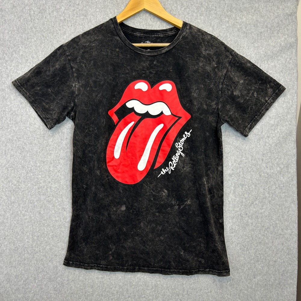 The Rolling Stones Graphic T-Shirt Black Acid Wash Band Tee Lips Tongue Mens XL